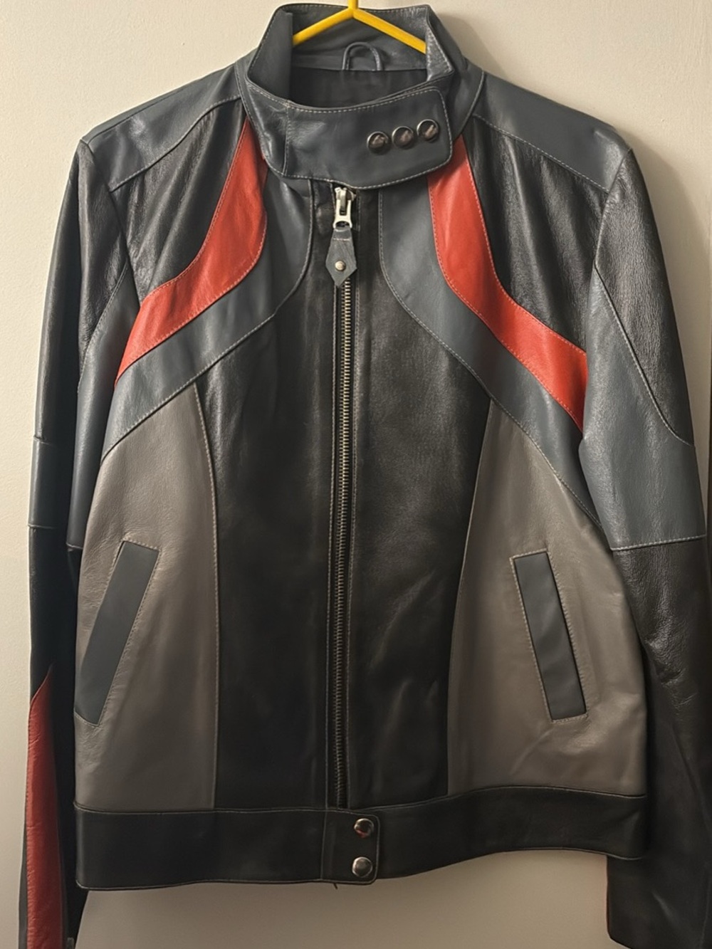 Women's Black Leather Colorblock Jacket with orange & Gray Panels